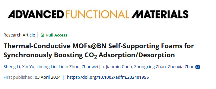 金沙以诚为本官方网赵祯霞团队在高效热脱附MOFs泡沫构筑及其对CO2吸脱附性能同步强化研究方面取得突破